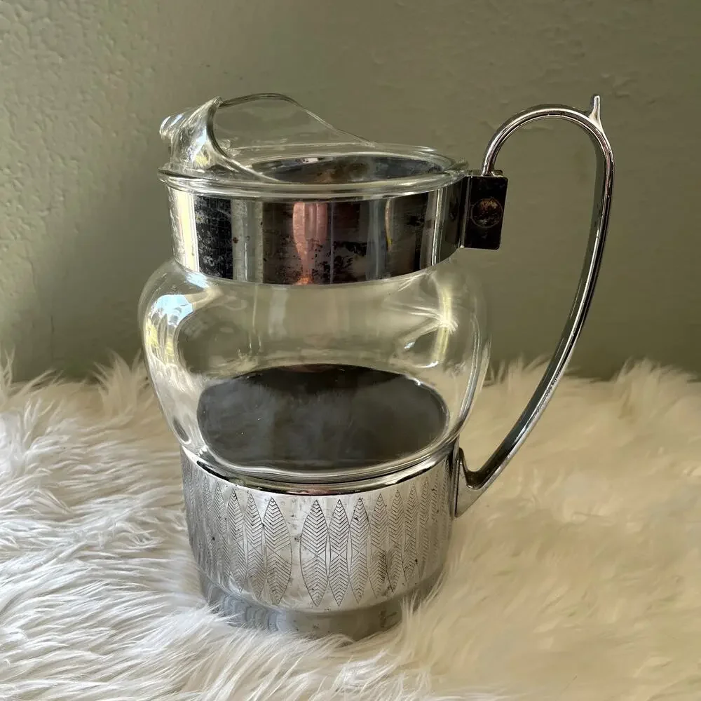 Vintage Hellerware Chrome & Glass Water Pitcher Barware